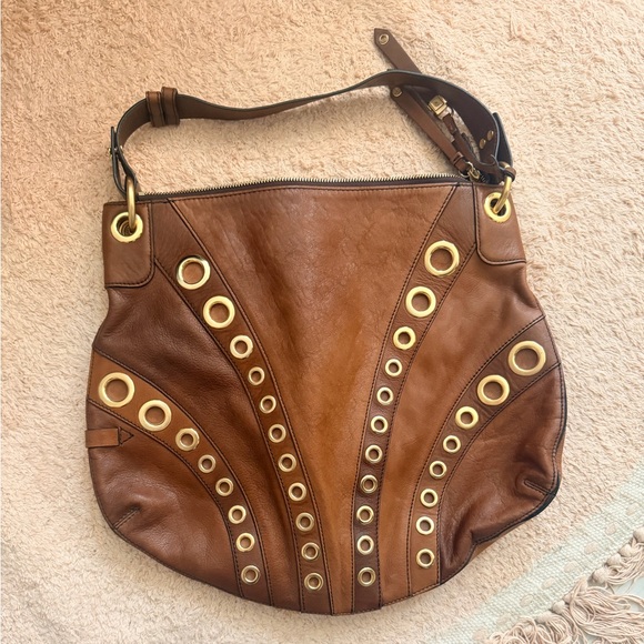 Cole Haan Brown Leather Gold Grommet Shoulder Bag - Picture 6 of 9